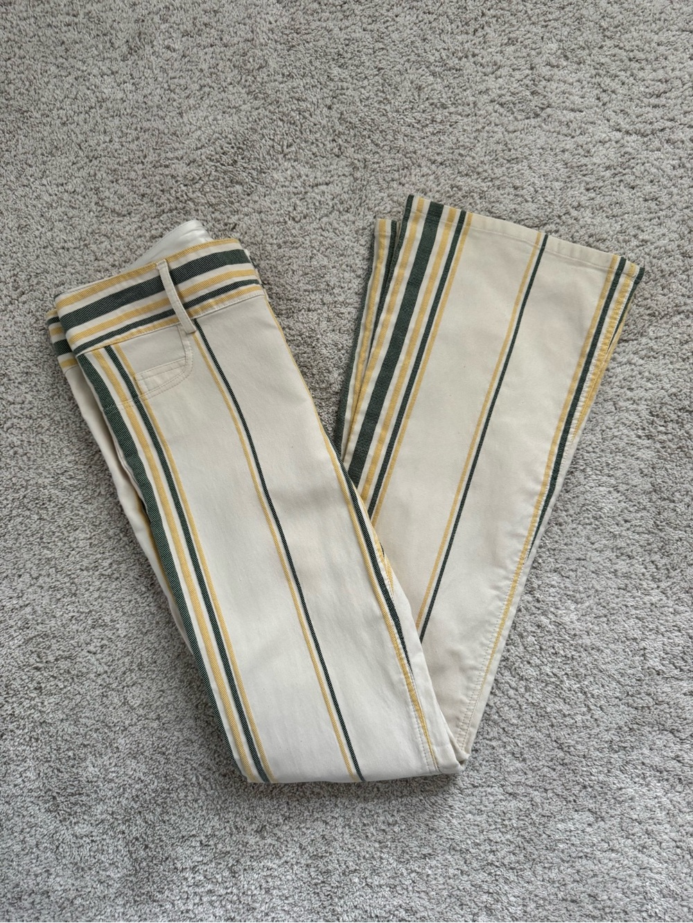 Alice + Olivia Cream Stripe Boot-Cut Pants with Green & Yellow Bands